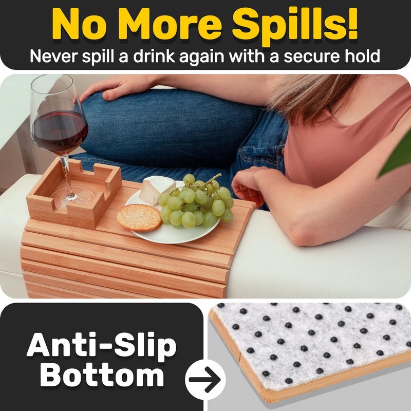 Bamboo Couch Cup Holder for Drink & Snack, Couch Arm