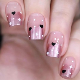 24Pcs Valentine's Day Press on Nails Short Fake Nails with Black White Love Polka Dot Four-Pointed Star Jump Color Designs, French Rose False Nails Heart Square Valentine's Stick on Nails for Women