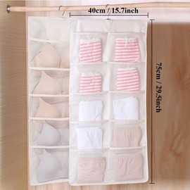 1 Pack Dual Sided Closet Hanging Organizer with Mesh Pockets & Metal Hanger, Wall Shelf Wardrobe Hanging Storage Bag for Bra Socks Underwear Storage, Space Saving Closet Hanging Shelves Storage