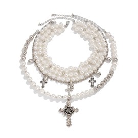 TOFBS Women's Pearl Necklace Round Imitation Pearl Necklace Cross Pendant Wedding Costume Vintage Fashion Jewellery, Faux pearls, Faux pearls