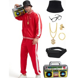 Deaboat Mens Tracksuits 90s Mens Clothing Mens 80s Outfit Casual Sportswear Mens 80 S Outfit for Party 80s Costumes for Men 9Pcs Red 2XL