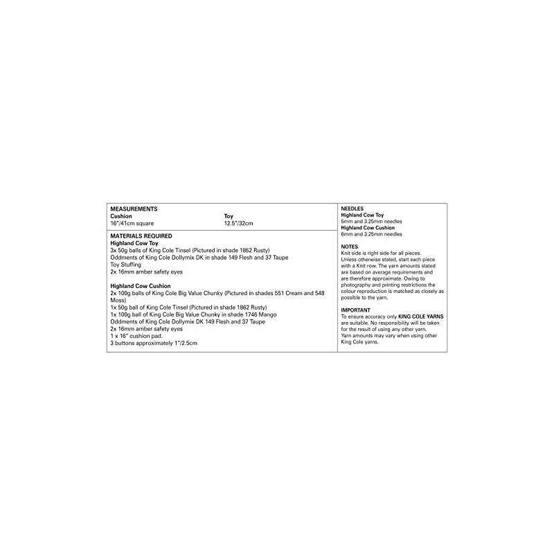 King Cole 9089 Knitting Pattern Highland Cow Toy & Cushion