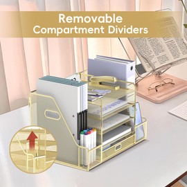 SUPEASY Mesh Desk Organizer with File Holder, 5-Tier Paper Letter Tray Organizer with Magazine Holder, Desktop Organizer and Storage with Drawer for Office Supplies Home or School, Gold