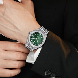 SAPPHERO Automatic Watches for Men Luxury Men's Watches Mechanical Date Analog 50 Meter Waterproof Business Stainless Steel Strap Wristwatches for Man Sliver Green Outdoor/Indoor