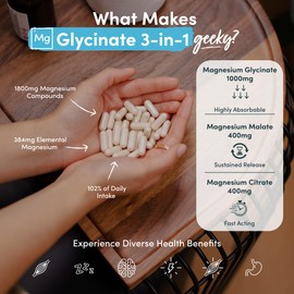 Magnesium Glycinate 3-in-1 Complex - 1800mg Supplements as Bisglycinate, Citrate & Malate 90 Vegan Capsules, Triple High Absorption 384mg Elemental, UK Made