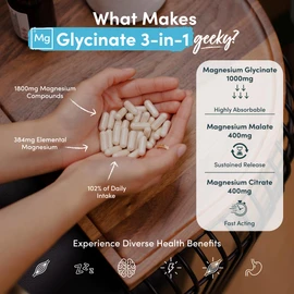 Magnesium Glycinate 3-in-1 Complex - 1800mg Supplements as Bisglycinate, Citrate & Malate 90 Vegan Capsules, Triple High Absorption 384mg Elemental, UK Made