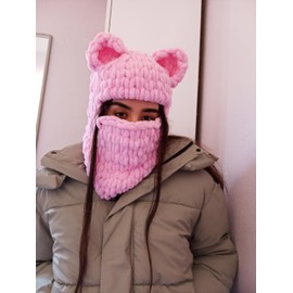 KLABELGIFT Pink Bear Ear Balaclava Mask – Handmade Crochet Ski Hood, Cute Kawaii Winter Hat, Cozy Face Cover for Women