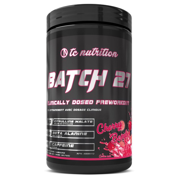 Batch 27 Pre Workout Powder - 8g Citrulline, 3.5g Beta Alanine, 2.5g Betaine, 325mg Caffeine | Instant Energy, Focus, Pumps, & Strength | Nitric Oxide Booster & Powerful Preworkout 20sv Cherry Bomb
