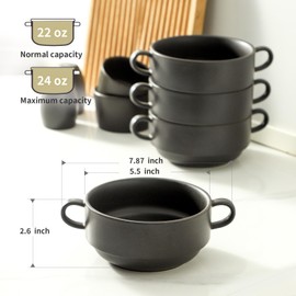 Tikooere Soup Bowls With Handles, Ceramic French Onion Soup Bowls, 22 oz Soup Crocks for Chilli, Beef Stew, Black Oven Safe Soup Bowl Set of 4, Microwave & Dishwasher Safe