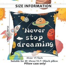 2 Pieces Moon Star Planet Pillow Cover Never Stop Dreaming Cushion Cover Solar System Outer Space Pillow Case Novelty Gift for Living Room Bedroom Sofa Chair, 45 by 45 cm