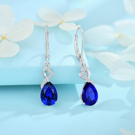 FJ Drop Drop Earrings Women's 925 Sterling Silver Birthstone Earrings Jewellery Gifts for Women, Sterling Silver Cubic Zirconia, Sapphire