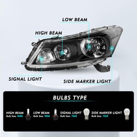 TUSDAR Headlight Assembly Pair for 2008-2012 Honda Accord Sedan 4-Door Halogen Headlamp Replacement Black Housing with Clear Reflector (Driver and Passenger Side)