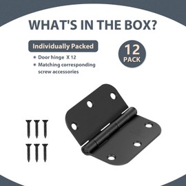 SORGMACH Door Hinge 3 1/2 Inch Interior Door Hinges Matte Black 3.5 Inch Interior Hinges Flat Iron Hinge 3 ½"x 3 ½" Door Hardware 5/8" Radius - 12 Pieces