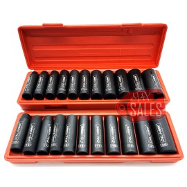 Cal-Hawk 22pc 1/2" Drive Deep Impact Socket Set SAE & Metric 6 Point Sockets w/ Case New