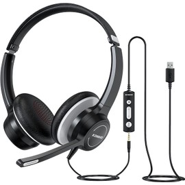KONNAO Computer Headset with Microphone, 3.5mm/USB Headsets Wired with Noise Cancelling Microphone, Stereo Headphones with MIC for PC, in Line Controls, Work Headset for Skype Zoom Tablet Laptop