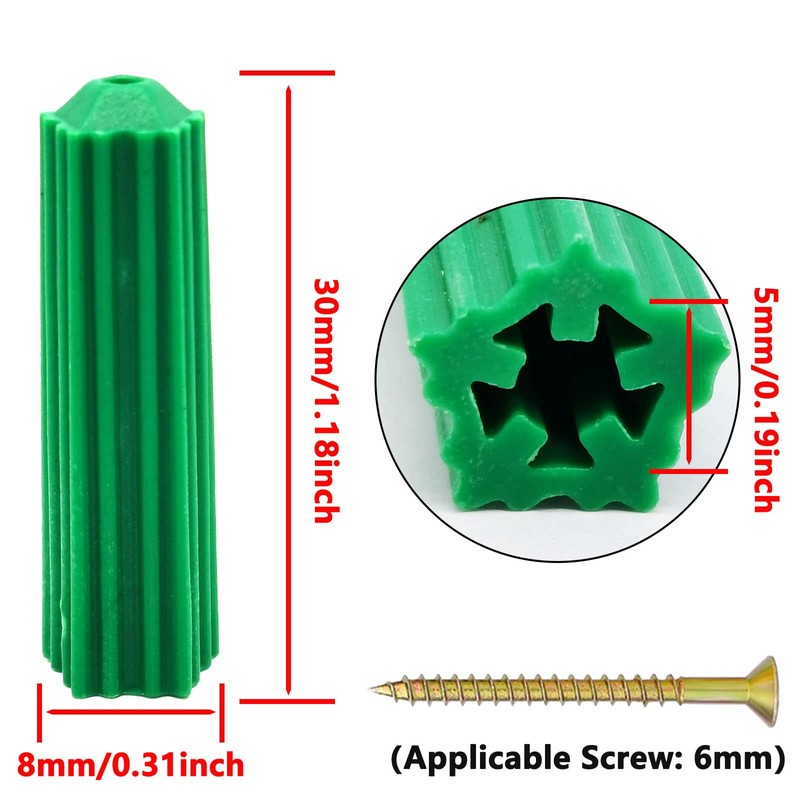 M8 Green Plastic Masonry Screw Plastic Drywall Wall Anchors Screw