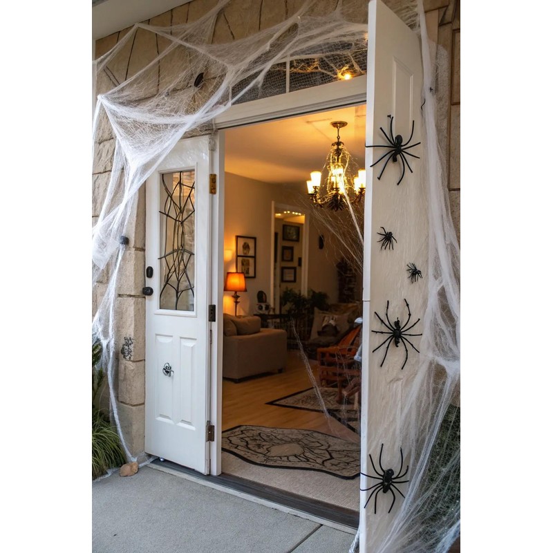 Stretchable Spider Web Halloween Decorations with Fake Spiders – Spooky