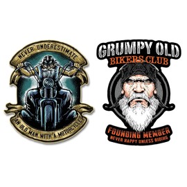 Motorcycle Decal Gift Pack - Includes 2 Unique 7 inch Decals - Grumpy Old Bikers Club Never Happy Unless Riding & Never Underestimate and Old Man with a Motorcycle - Ideal for Motorcycles, Cars,