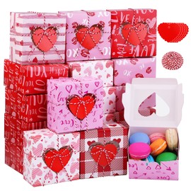 Fovths - Paquete de 36 cajas de galletas para el día de San Valentín con ventana para cupcakes, cajas de panadería de 4.5 x 4.5 x 2.5 pulgadas, con etiquetas y cuerda para cupcakes, donuts, regalos