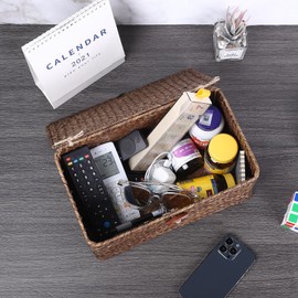 Sumnacon Wicker Basket with Lid Rectangle Woven Baskets for Toiletries Tampon Storage,Wicker Storage Basket with Lid,Decorative Seagrass Storage Baskets for Shelf Bathroom Toilet Table, Coffee