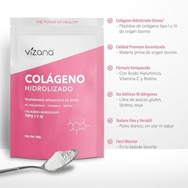 VIZANA NUTRITION | Colágeno Hidrolizado Puro en Polvo 200g, con Ácido Hialurònico, Biotina y Vitamina C, sin Azúcar, Origen Colágeno: USA