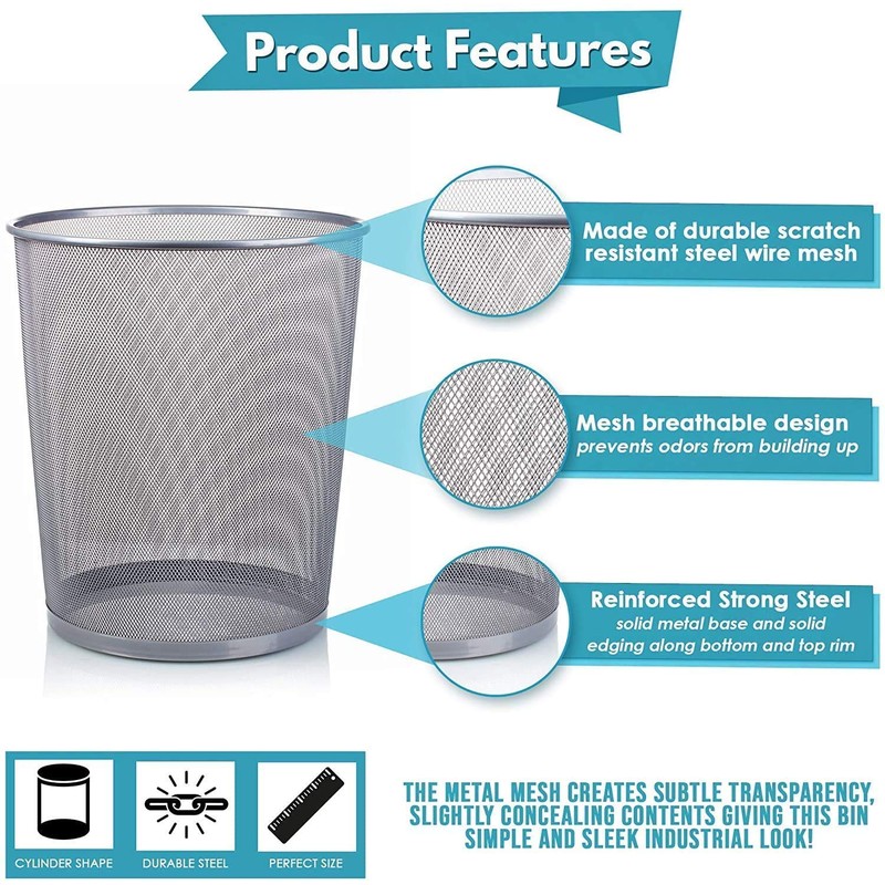 Metal Mesh Bin, Silver Metal Trash Bin, Wastebasket Bin, Waste