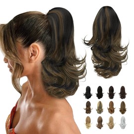 Sofeiyan 13" Ponytail Extension Long Curly Ponytail Clip in Claw Hair Extension Natural Looking Synthetic Hairpiece for Women, Dark Brown Highlighted Cameral Blonde
