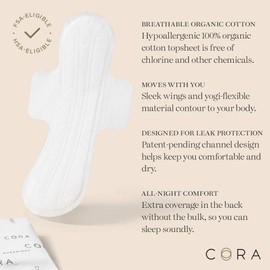 Cora Ultra Thin Organic Cotton Period Pads, Overnight Absorbency, with Wings & Dry Wicking Technology (New 72 Count)