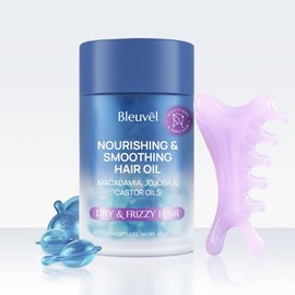 Bleuvél Hair Oil for Frizzy – Hair Vitamin E, Jojoba & Castor Oils – Smooth, Nourish & Shine – Anti Frizz Serum for Women - Damaged, Dry and Curly – No Rinse with Scalp Massage Comb – 40 Capsules