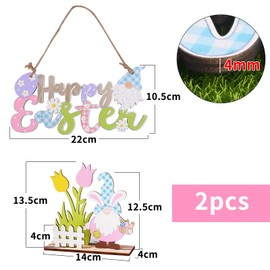 COLOFALLA Pack of 2 Easter Wooden Decoration 1 Easter Wooden Sign Pendant Happy Easter Door Sign and 1 Table Decoration Stand Gnome Flowers Easter Decoration Wood Easter Gift