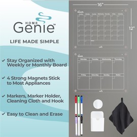 Home Genie Acrylic Magnetic Clear Calendar for Fridge, 16"x12" Dry Erase Monthly Refrigerator Planner, Strong Magnet Hold with 6 Color Markers, Cloth and Hook, Home Organization Essentials, White Text
