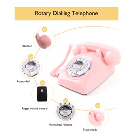 MCHEETA Rotary Phone, Vintage Phone, Retro Phones for Landline, Corded Old Telephone with Redial Function for Home Office Hotel School, Pink