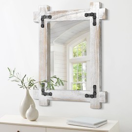 Wood Framed Wall Mirror Large Farmhouse Bathroom Mirror Vintage Vanity Hanging Mirror for Bedroom, Entryway, Living Room, Hallway 26 x 18 Inch Hangs Vertical or Horizontal