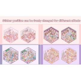 Wnqou 4 Sets DIY 3D House Stickers, 3D Scene Stickers Miniature Simulated Cabin Scene Stickers, Cute Cartoon Scenery Stickers for Adults and Kids, Fun Supermarket Bakery Scenery Stickers for Girls