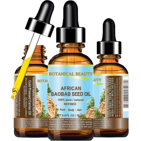 Botanical Beauty AFRICAN BAOBAB SEED Oil. 100% Pure / NATURAL / Undiluted / Refined / Cold Pressed Carrier Oil for Skin, Hair, Lip and Nail Care. Rich in vitamins A, D, E and F and E. (0.5 fl.oz-15ml