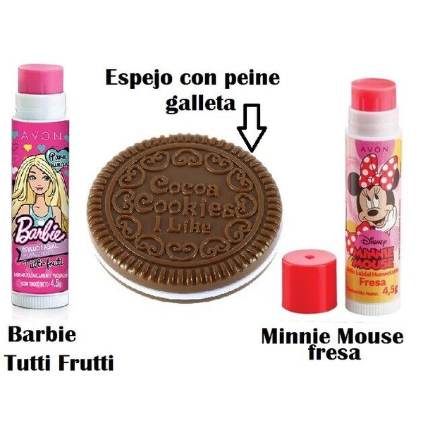 BRILLO LABIAL Barbie - Minnie Mouse ESPEJO Y PEINE GALLETA DE AVON SET 3 PIEZAS