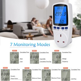 Power Meter Energy Monitor Plug, Tapsin Energy Monitor Backlight LCD Display UK Plug with 7 Monitoring Modes Overload Warning Wattage Volt Amp KWH Meter Analyzer Socket