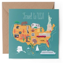 1 x Greeting Card - America USA Travel Map Landmarks - Blank Birthday Celebration Anniversary #58827