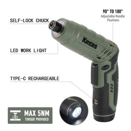 KREBS Power Electric Screwdriver, 4V Max 5Nm Cordless Screwdriver Rechargeable Set with 30pcs bits Accessories Kit, with LED Light Adjustable 2 Position Handles