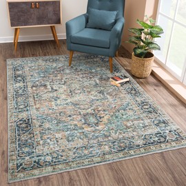 Bloom Rugs Caria Washable Non-Slip 4x6 Rug - Blue Green/Tangerine Traditional Area Rug for Living Room, Bedroom, Dining Room, and Kitchen - Exact Size: 4' x 6'