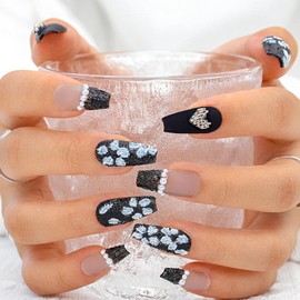 Sethexy Punk Long Coffin False Nails Handmade French Matte Acrylic Press On Nails Hand-painted Black Rose Fake Nails 3D Pearl Bear Salon Quality Nail for Women and Girls(Q)