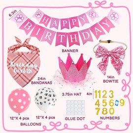 Dog Birthday Decorations Dog Birthday Bandana Girl Dog Birthday Party Supplies Pink Bowtie Dog Birthday Hat Crown Banner Balloons for Small Girl Dog Birthday Outfit