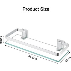 Bathroom Glass Shelf, Wall Mounted Glass Bathroom Shelf with Towel Rail, Aluminum & Tempered Glass Bathroom Shelves Silver, No Drilling Stainless Steel Shower Shelves for Bathroom Storage
