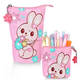 JMHACHY Standing Pencil Case for Kids - Back to School Stuff, Bunny Telescopic Zipper Pencil Case Aesthetic, Large Capacity Stand up Pen Bag, Portable Pen Holder, Study Supplies for Students
