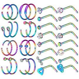 Longbeauty 32Pcs C-Shaped Nose Ring L-Shaped Nose Studs Bone Tragus Cartilage Hoop Rings Piercings 20g for Men Women (L-Shape & C-Shape, Rainbow)