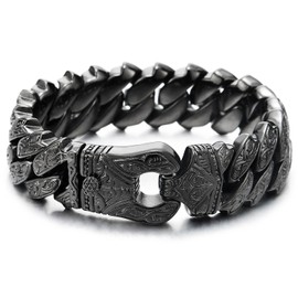 Mens Vintage Black Steel Fancy Curb Chain Bracelet with Tribal Tattoo Pattern Retro