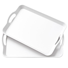 Set of 2 Large White Melamine Serving Tray with Handles, Rectangular Outdoor Dinner Tray Plastic Fruit Serving Platters Trays for Eating, Appetizer, Charcuterie, Snack, Fruit, Desserts, Food Parties