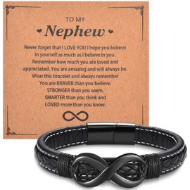 CERSLIMO Nephew Gifts from Auntie - Stainless Steel Infinite Charm & Leather Bracelets Gifts for Nephew, Boys Gifts for Nephew Birthday Christmas Graduation Gift, Nephew Bracelet