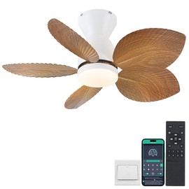 Kviflon Low Profile Ceiling Fans with Lights and Remote/APP Control, 30 Inch Small Tropical Ceiling Fan with Light Flush Mount, Outdoor Palm Leaf Ceiling Fans for Patios Porch, Quiet, Wood Grain