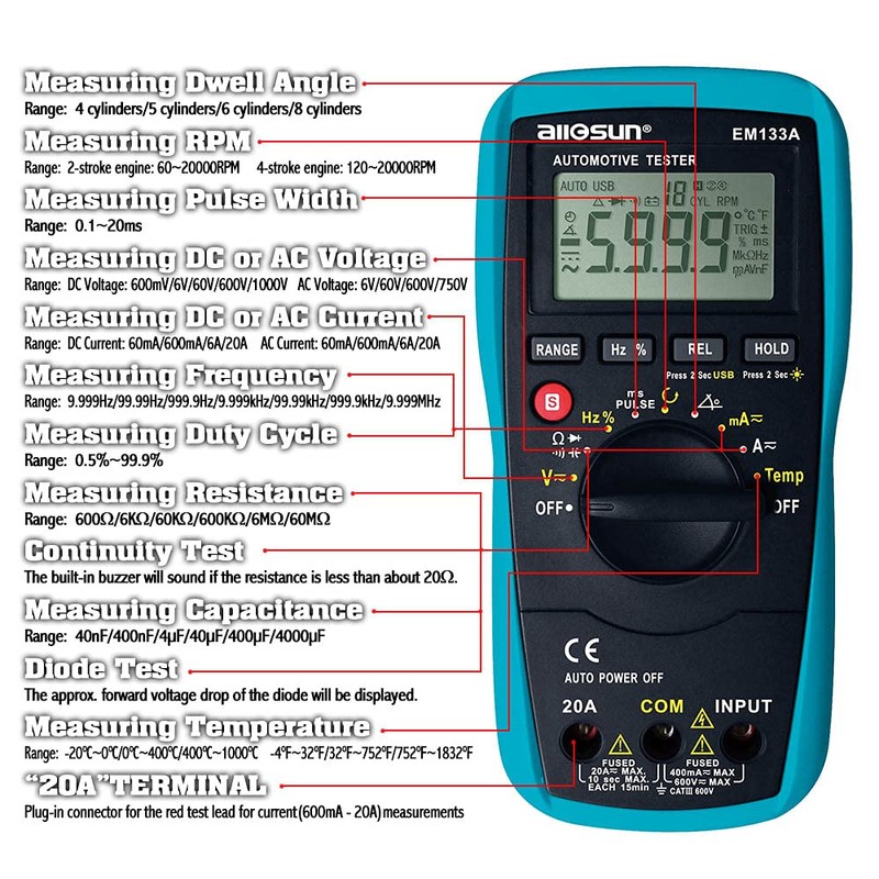 allsun Automotive Dwell Meter Digital Multimeter Autoranging TRMS 5999 Counts